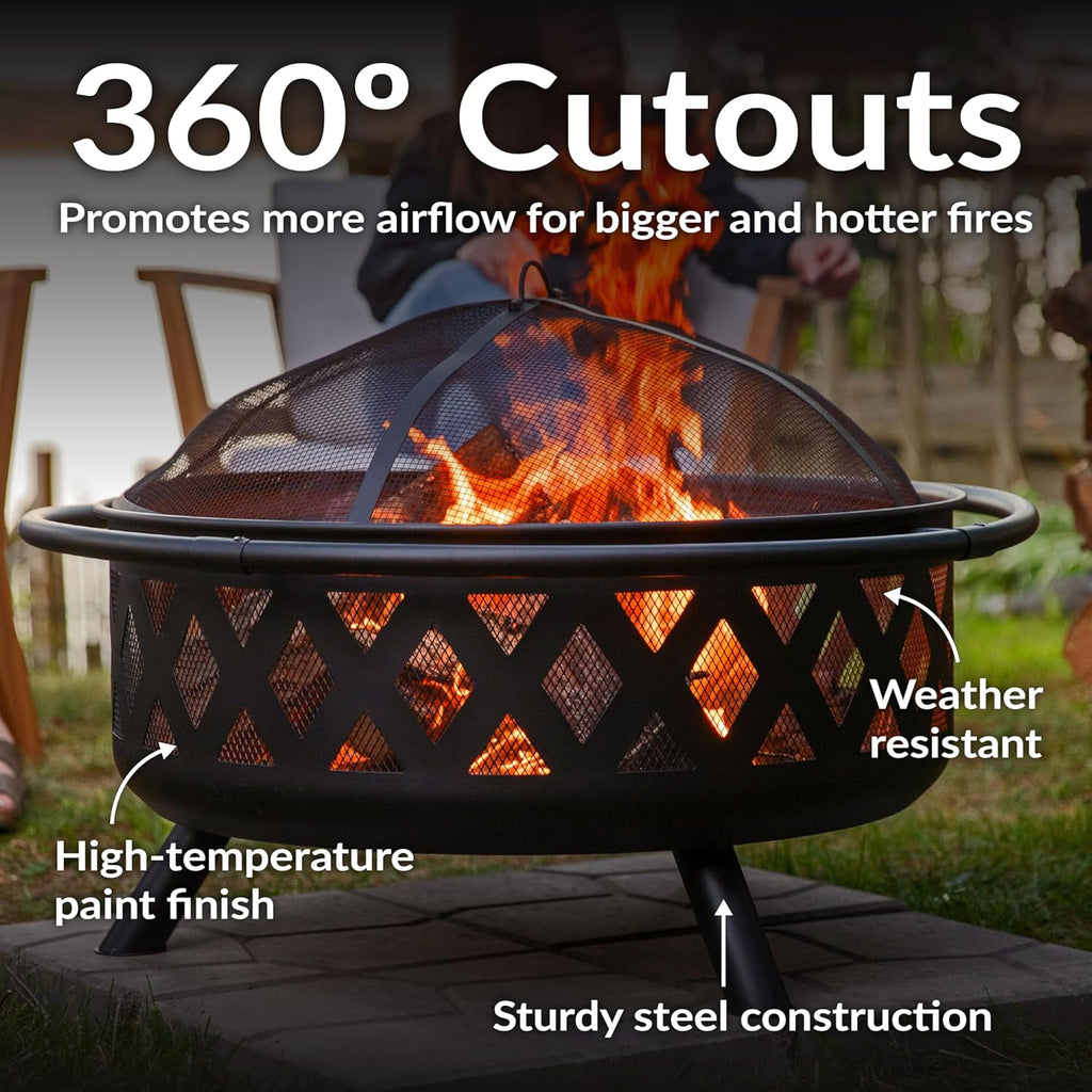 Sunnydaze Crossweave Outdoor Fire Pit - Wood-Burning Fire Pit for Outside with Spark Screen, Poker and Round Cover - 36-Inch - Black - Image 4
