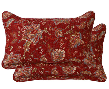 Bed Pillow Shams 100% Cotton Red Vintage Floral Flowers Pattern Quilted Pillow Cases Set of 2, Queen Size (Red)