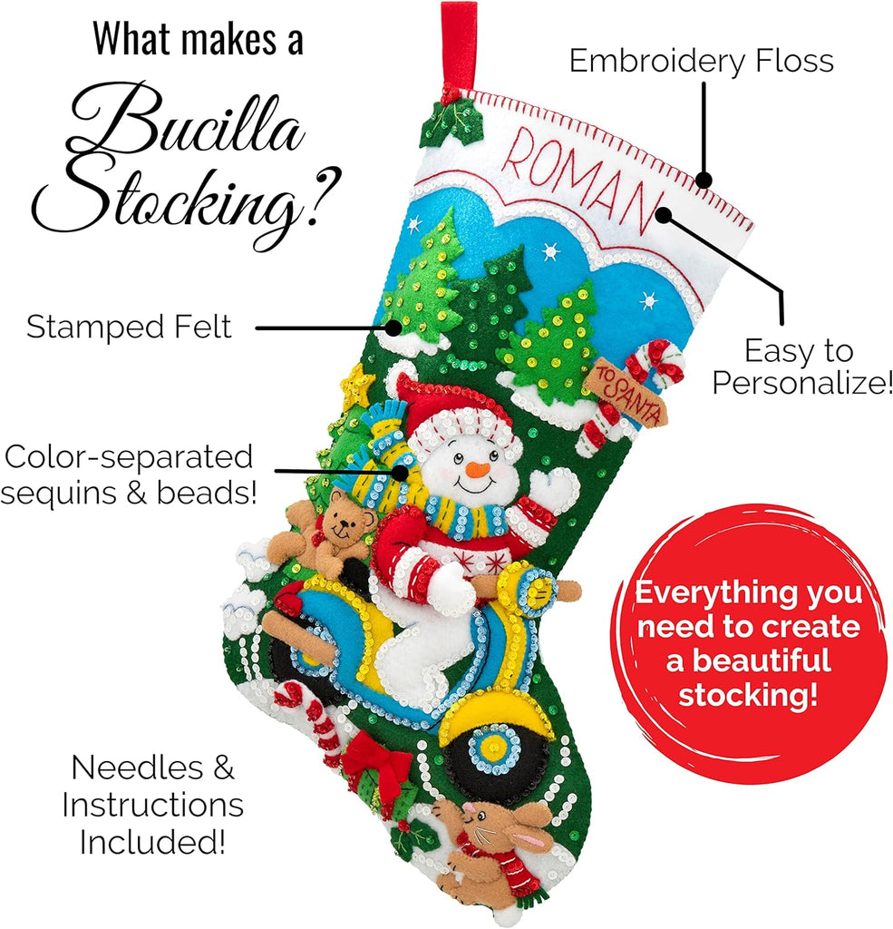 Felt Applique 18" Stocking Making Kit, Sledding with Santa