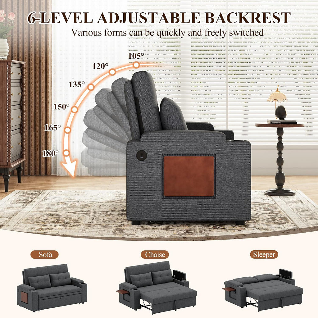 65'' Convertible Futon Sofa Bed, Fabric Pull Out Couch, Dark Grey | 3-in-1 Loveseat Sleeper Sofa with Adjustable