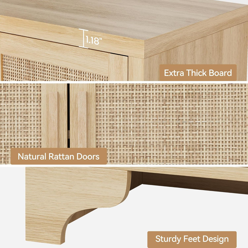 4-Door Sideboard Buffet Cabinet, Natural Rattan Storage Cabinet, Boho Entryway Console Table
