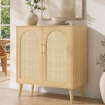 15.7" D Rattan Storage Cabinet with 2 Doors & Adjustable Shelf | Accent Buffet Sideboard Cabinet with Solid Wood