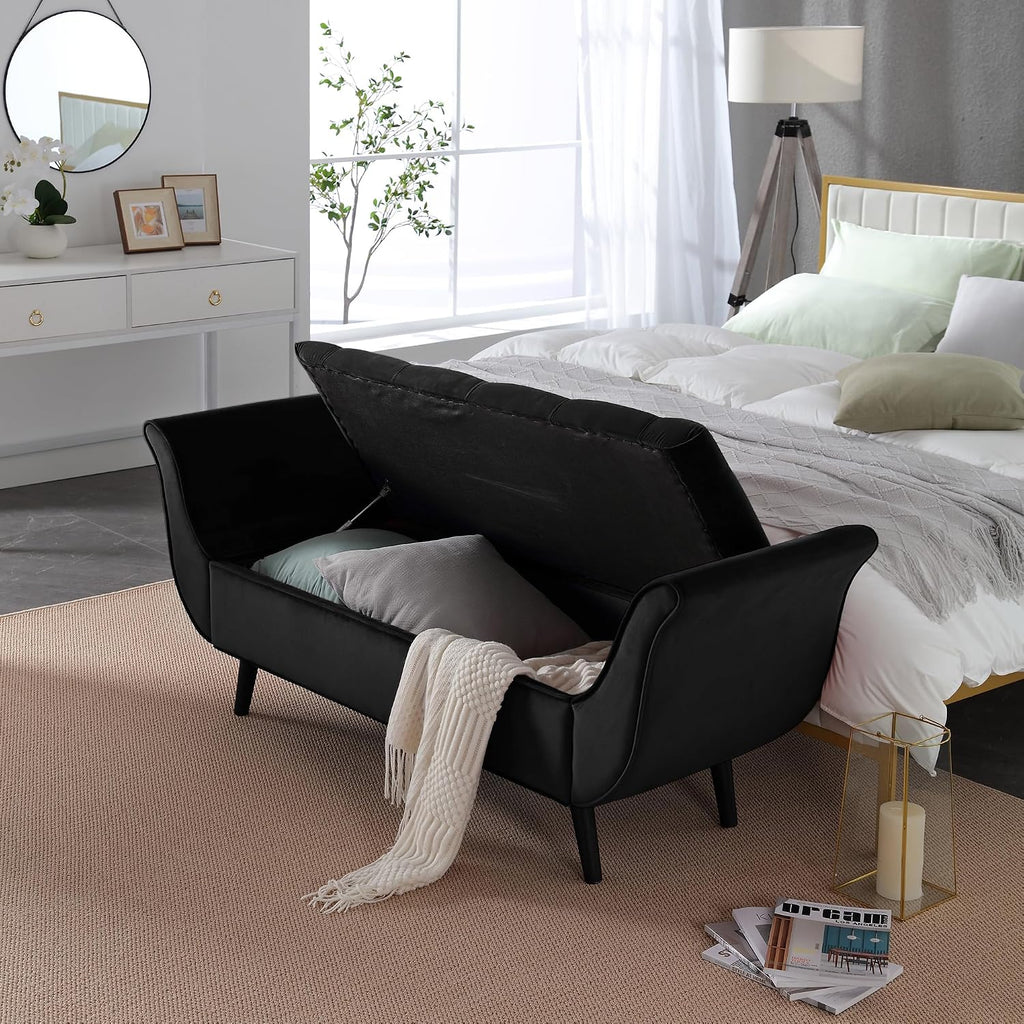 Storage Bench End of Bed, 65" Velvet Upholstered Rolled Armed Button Tufted Stool Bench, Storage Ottoman Long Bench