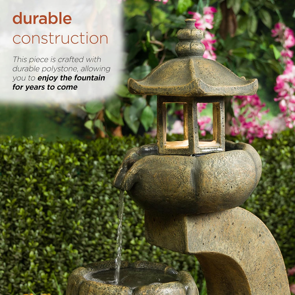 32" Tall 2-Layer Pagoda Polystone Fountain with LED Lights, Cascading Waterfall, Outdoor Garden and Patio Water