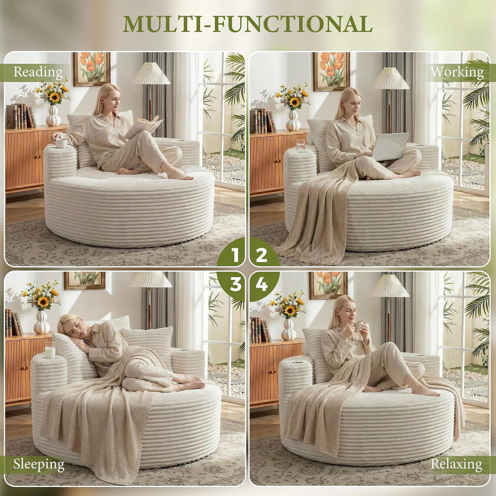 55.5" Oversized Round Chaise Lounge Chair Indoor, Corduroy White | Modern Upholstered Boneless Chair, Deep Seat