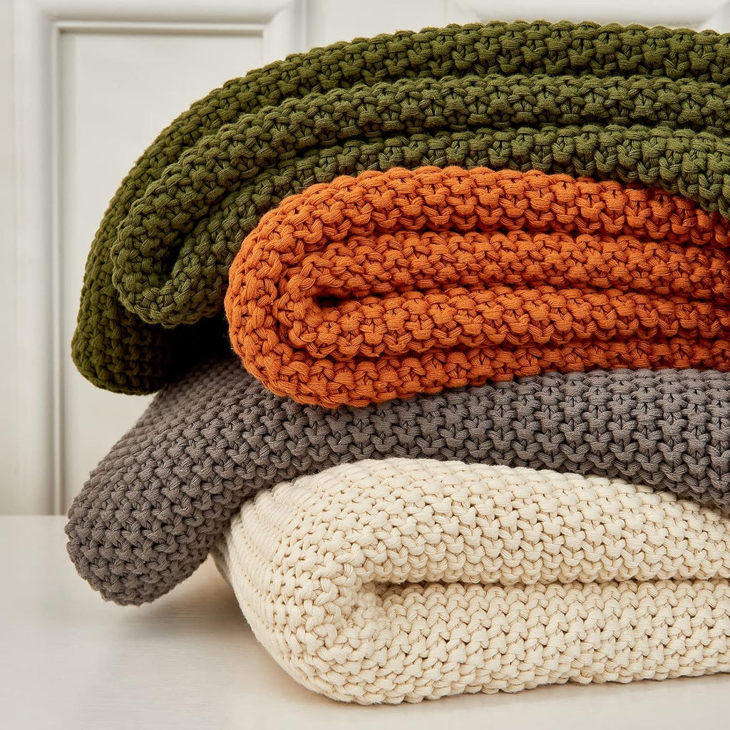 Chunky Cable Knit Throw Blanket Lightweight Burnt Orange 100% Organic Cotton Blanket, Rustic Shabby Chic Modern