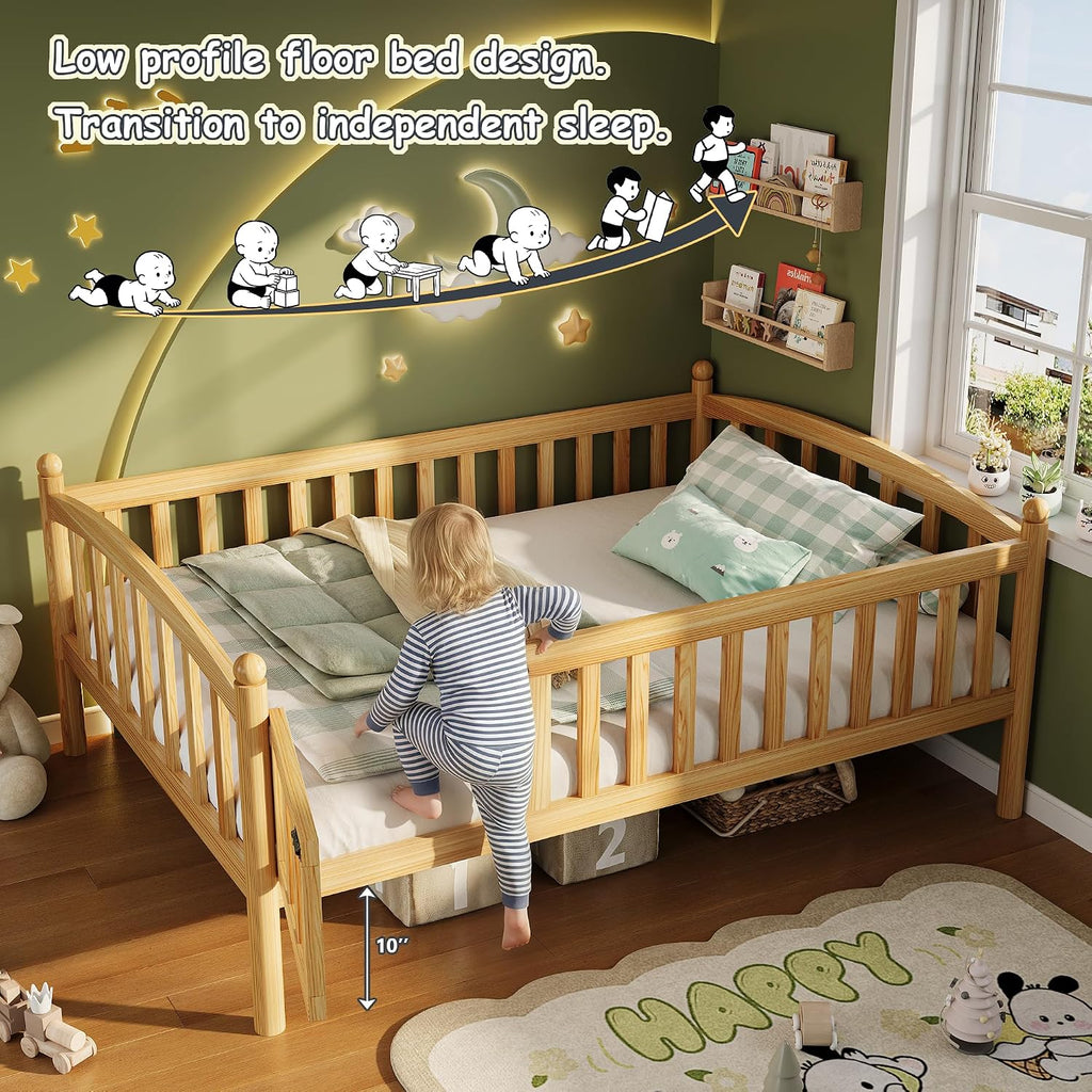 Twin Montessori Floor Bed Frame with High Rails and Door, Low-Profile Wood Kids Bed Frame with Slats, Twin Size
