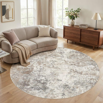 8ft Round Area Rug Living Room Rugs - 8x8 Washable Neutral Modern Abstract Soft Thin Rug Indoor Floor No Slip Rug