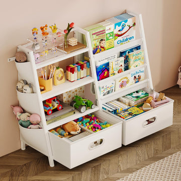 Kids Bookshelf and Toy Storage Organizer, 3 Tier Kids Bookcase, Sling Bookshelf and 2 Toy Bins with Toy Storage