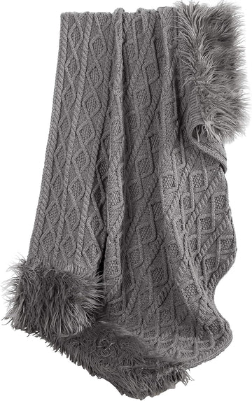 Nordic Cable Knit and Faux Mongolian Fur Wool Throw, 50x80 inch, Gray Solid Color, Sweater Style, Diamond Pattern