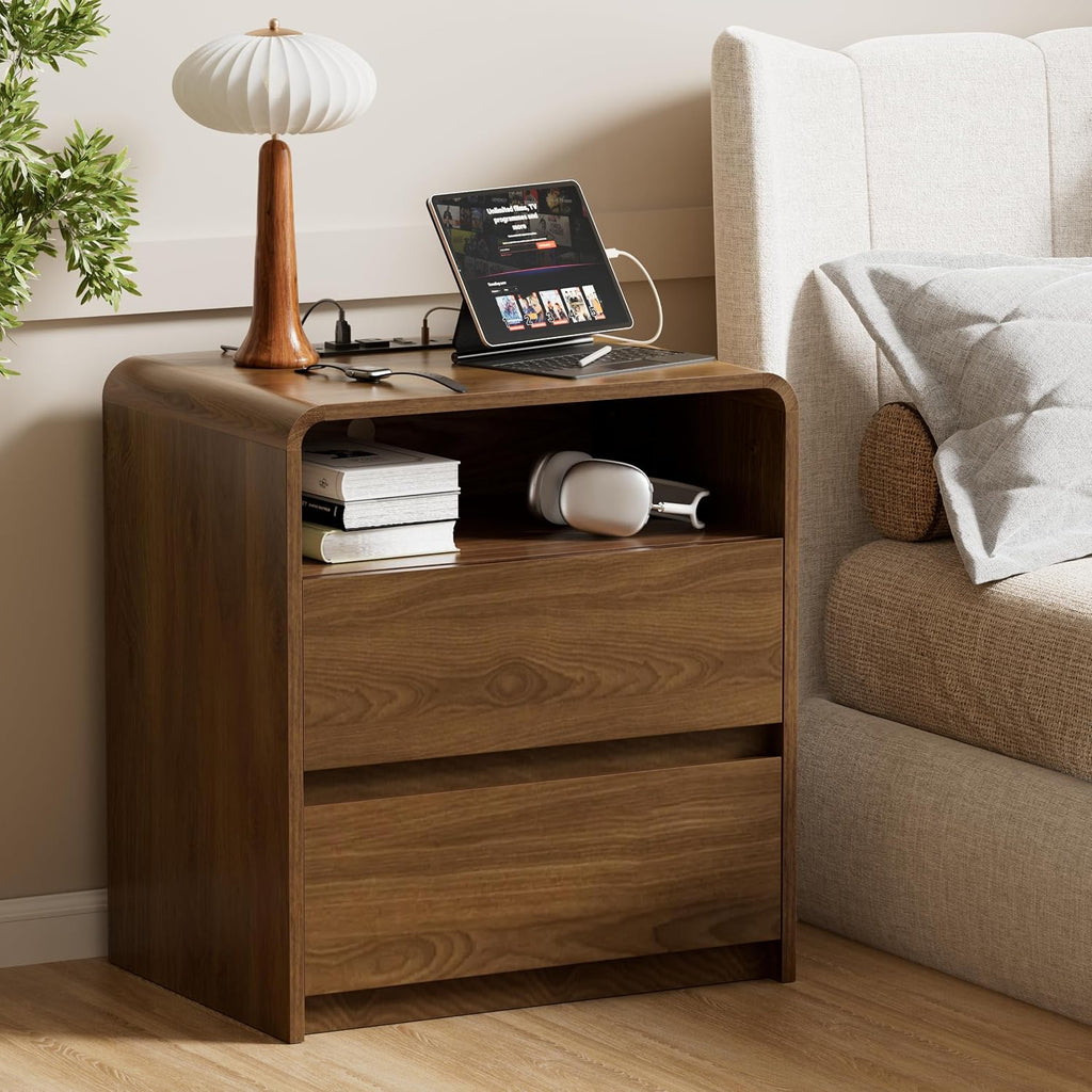 Modern Nightstand Set of 2 23.8" Walnut Nightstands with Hidden Drawers Wood Modern Bedside Table Curved Profile