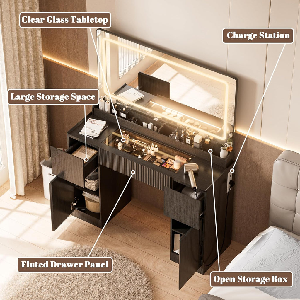 44" Vanity Desk with Large Mirror and Lights, Modern Glass Top Makeup Vanity Set with Power Outlet, 3 Drawers and 2