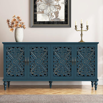61.8" Hollow Carved Accent Cabinet with 4 Doors | Vintage Sideboard Buffet with Adjustable Shelves, Credenza with
