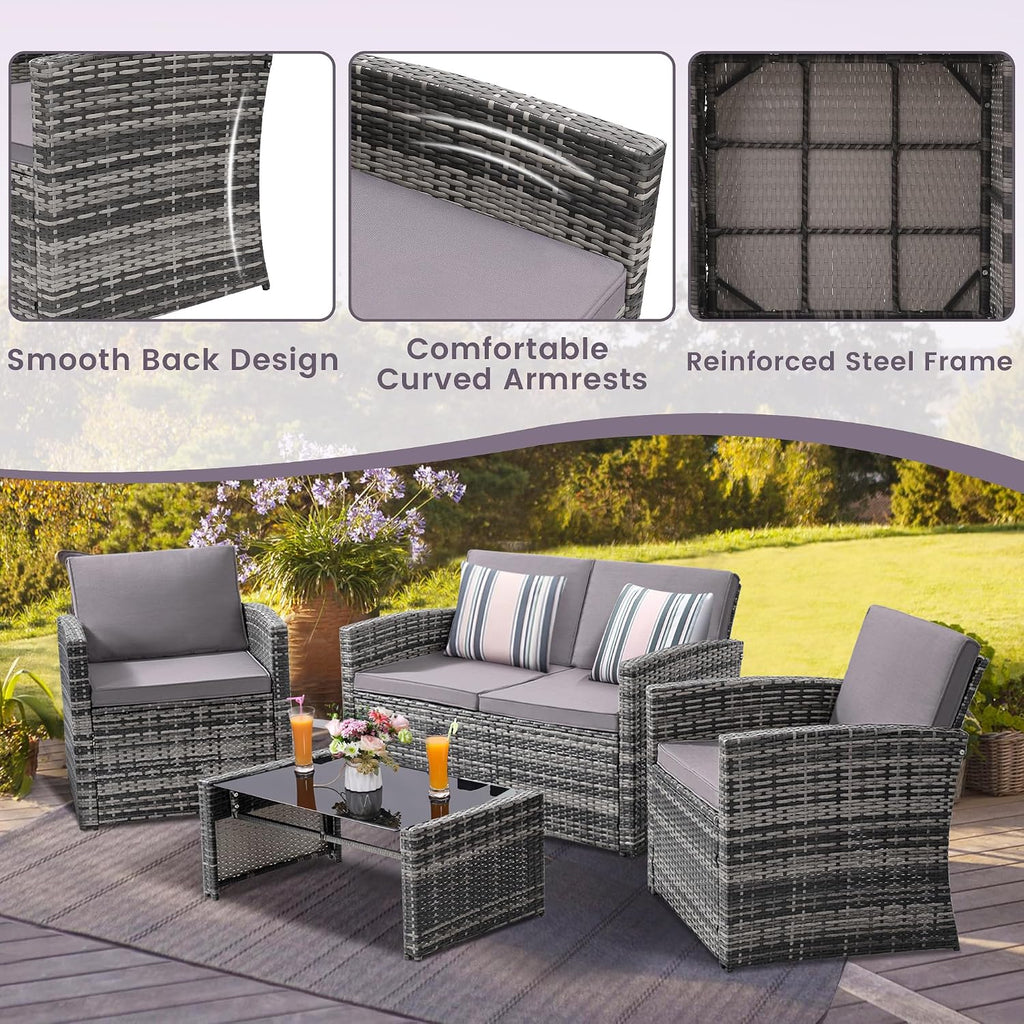 4 Piece Patio Furniture Set, Outdoor Wicker Conversation Set | Washable Cushions, 2 Armchairs + Loveseat Sofa +
