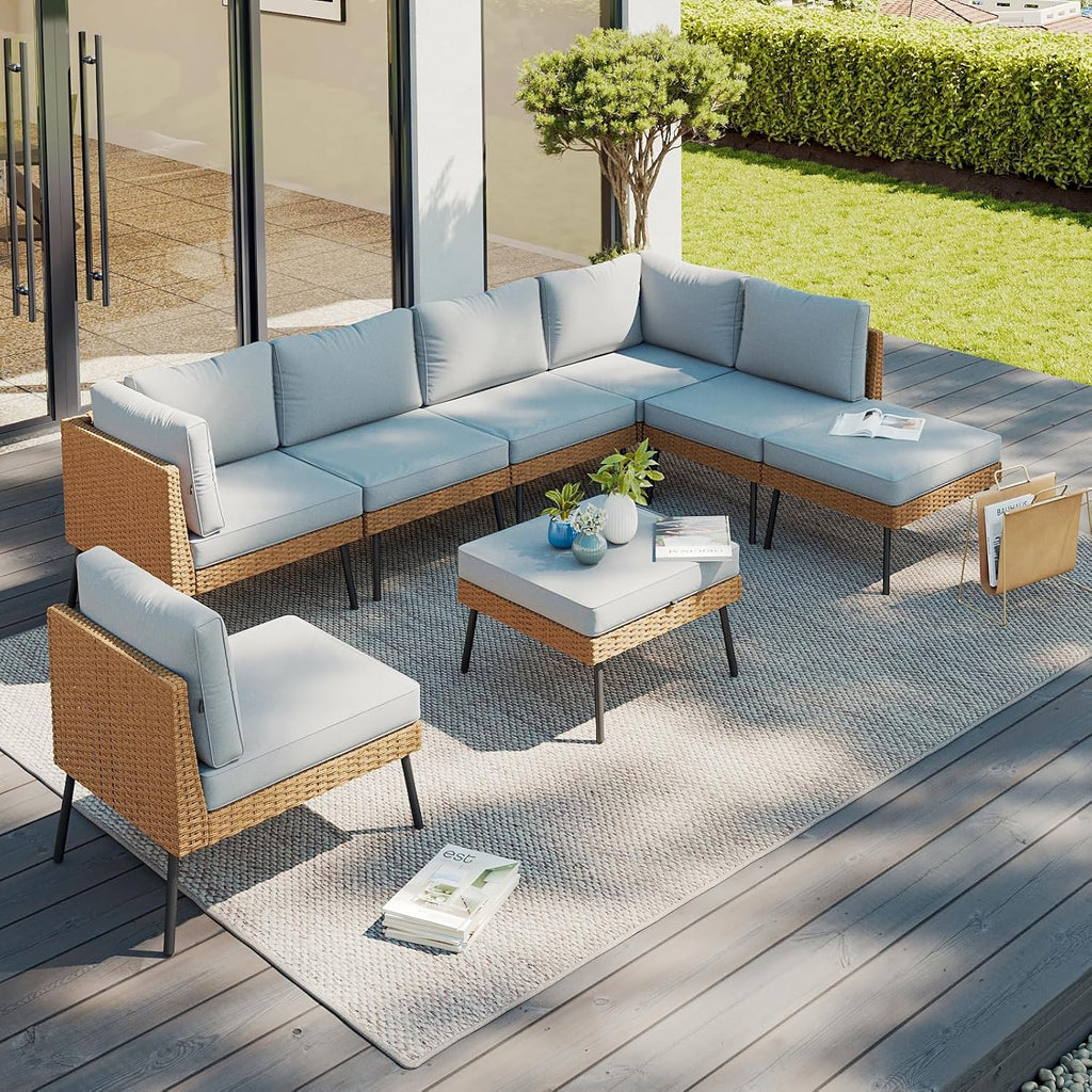 8 Piece Patio Furniture Set, 8 Seats Outdoor Sectional Sofas with Thick Cushion, Wicker Outdoor Patio Furniture Set