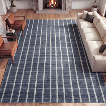 Washable Orton Distressed Ticking Stripe Machine-Washable Polyester Area Rug, Navy and Cream, Farmhouse