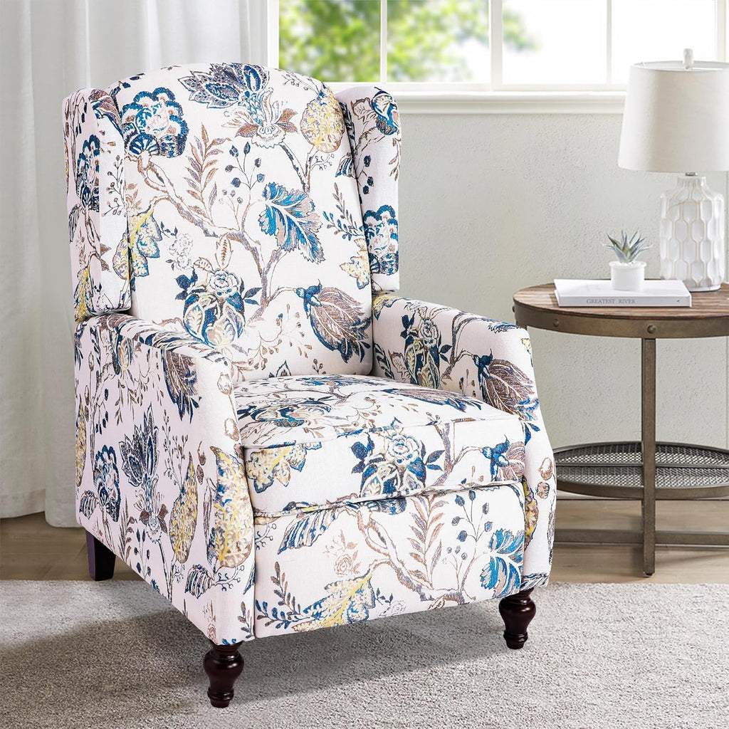 Mid Century Modern Wingback Recliner Chair for Adults, Push Back Upholstered Accent Chair with Floral Fabric, Manual