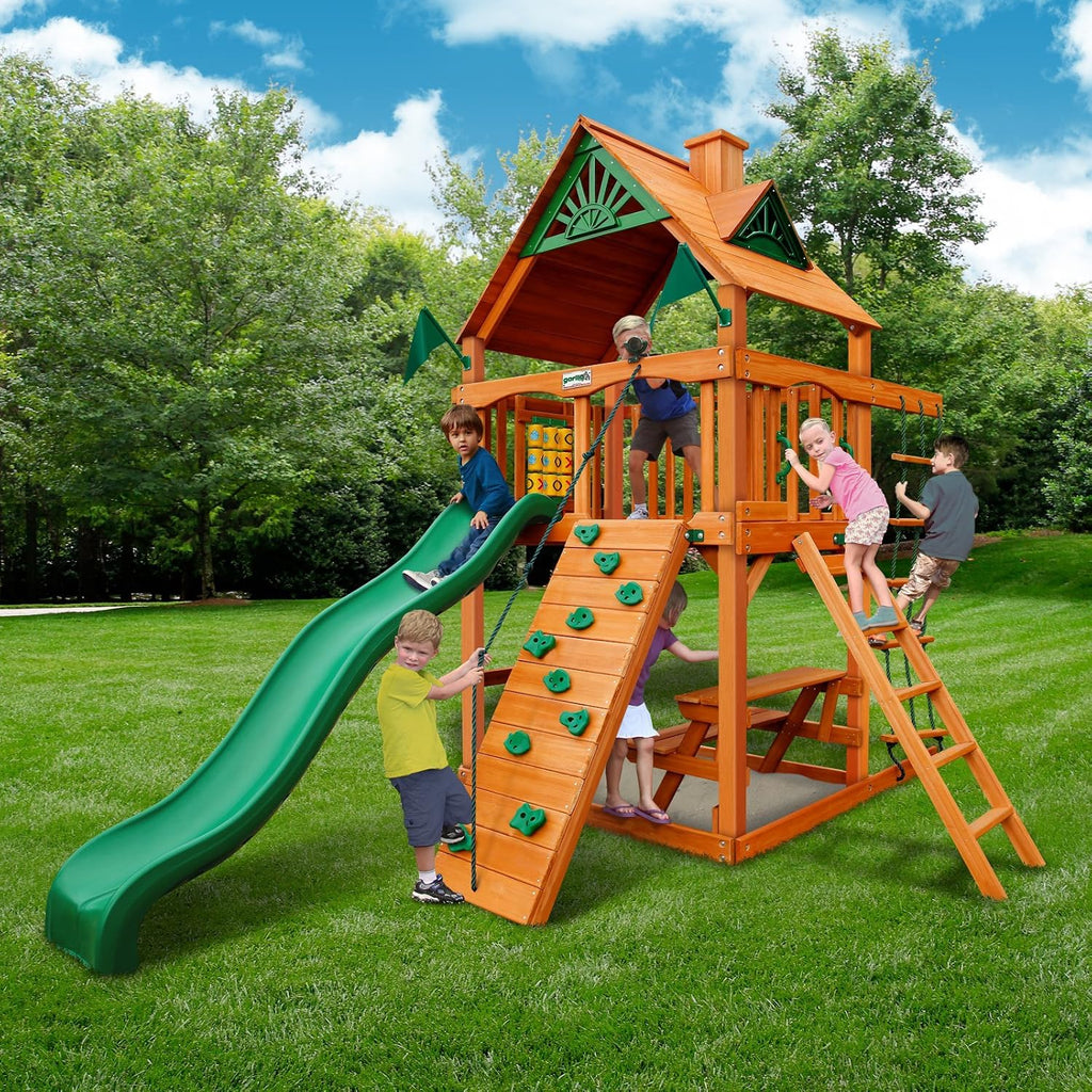 01-0061-AP-1 Chateau Tower Wooden Playset with Amber Posts, Slide, Climbing Wall, & Deluxe Green Vinyl Canopy
