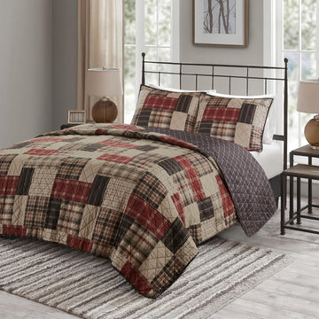 Queen Quilt Set Patchwork Farmhouse, Diamond Quilting Reversible Coverlet Set for Queen Bed, Plush Cotton Filled
