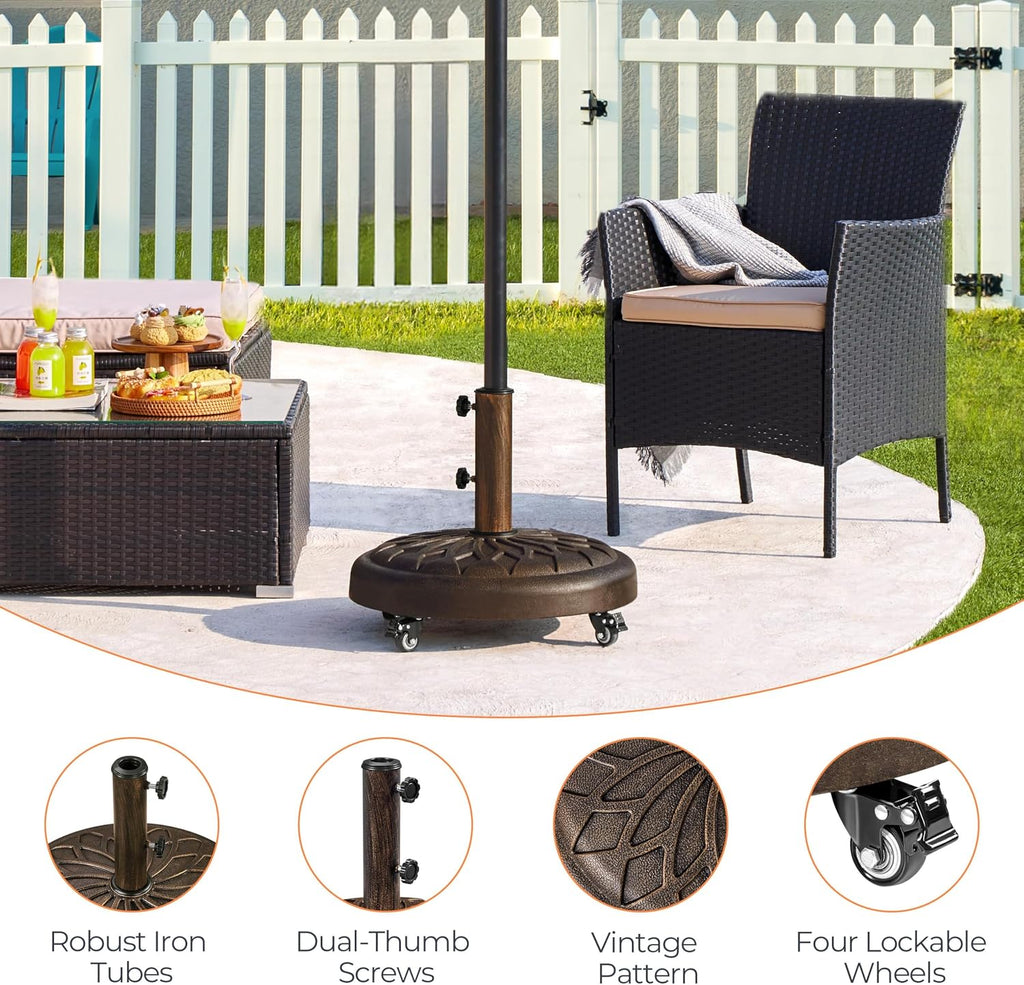 55lbs Heavy Duty Round Umbrella Base with 4 Lockable Rolling Wheels & 2 knobs, Outdoor Antiqued Umbrella Stand