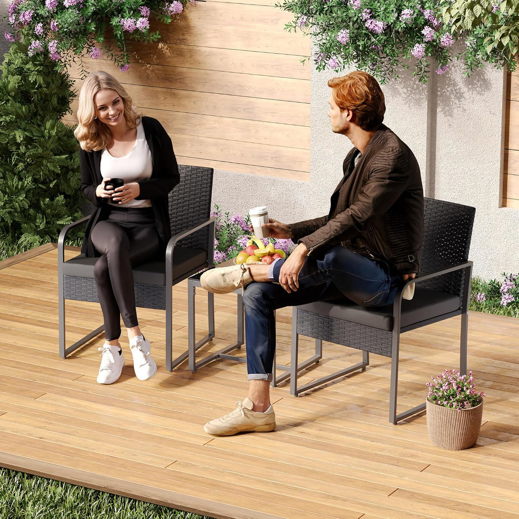 3 Pieces Patio Bistro Sets, Outdoor Rattan Conversation with Glass Table, Wicker Furniture Set with Cushion