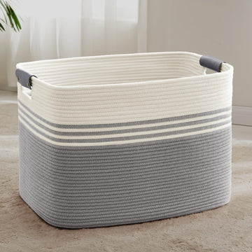 100L Large Woven Laundry Basket Hamper with Leather Handles,Grey