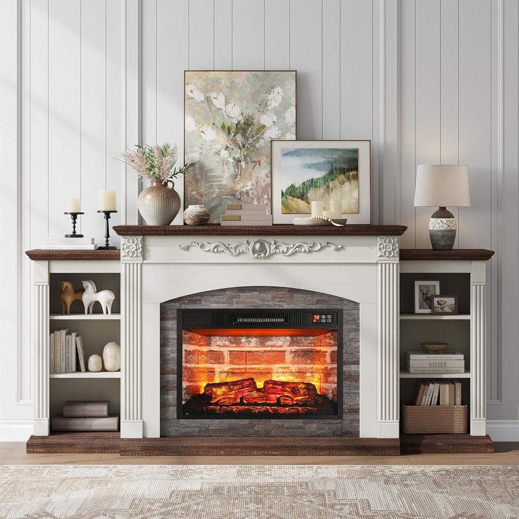 72" Electric Fireplace with Mantel, Fireplace TV Stand for TVs Up to 80", Modern Entertainment Center with Realistic