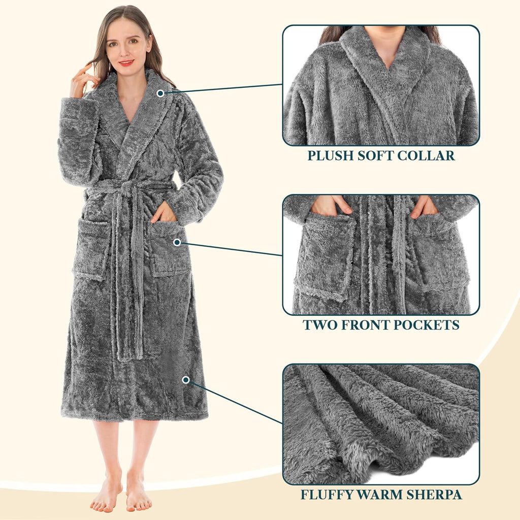 Premium Womens Plush Soft Robe Fluffy, Warm, Fleece Sherpa Shaggy Bathrobe