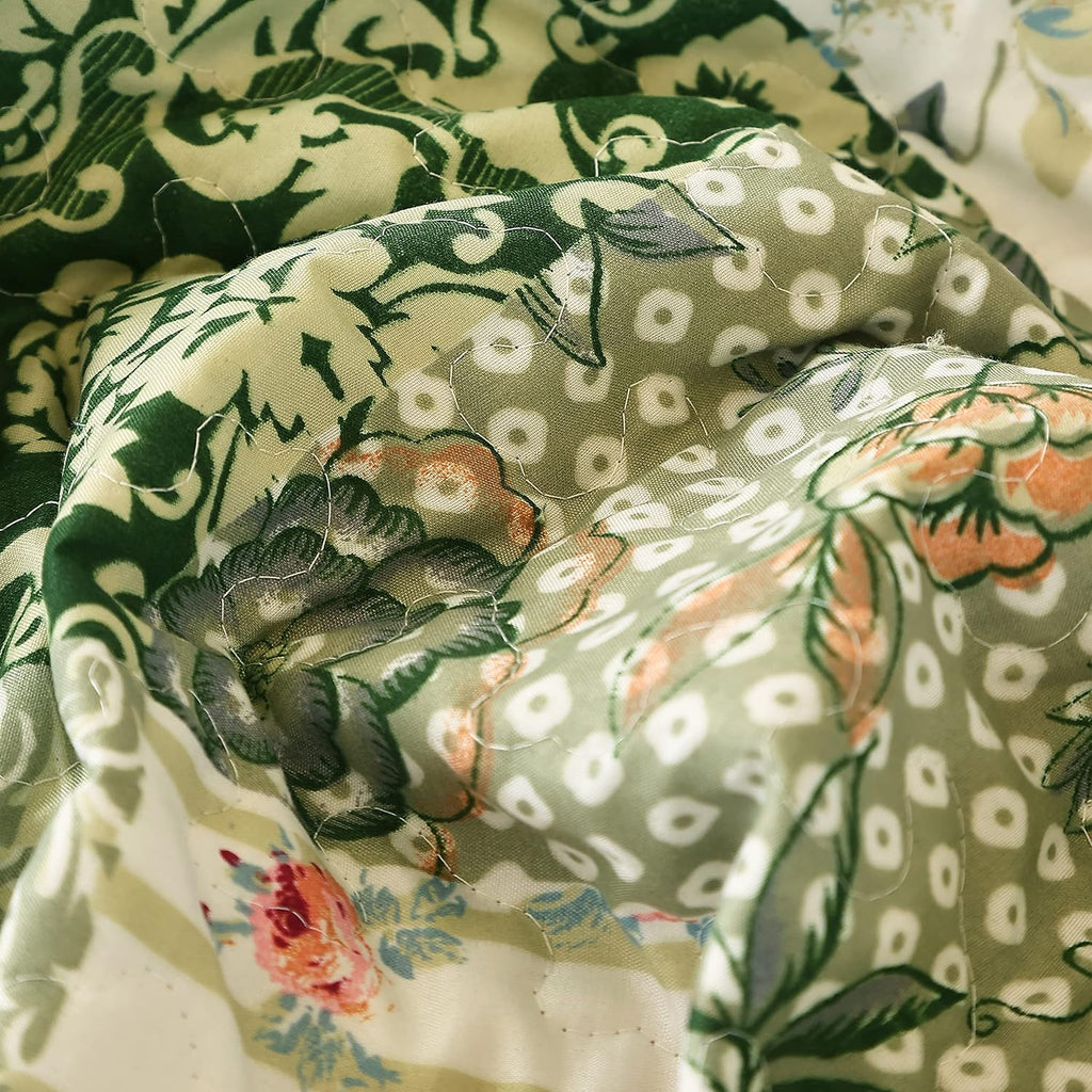 Summer Floral Quilted Bedspread,Romantic Green Quilt Set,Reversible Stitched Bedding Cover All Season,Soft