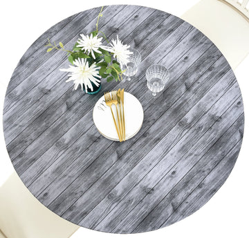 Indoor Outdoor Patio Round Fitted Vinyl Tablecloth, Flannel Backing, Elastic Edge, Waterproof Wipeable Plastic Cover