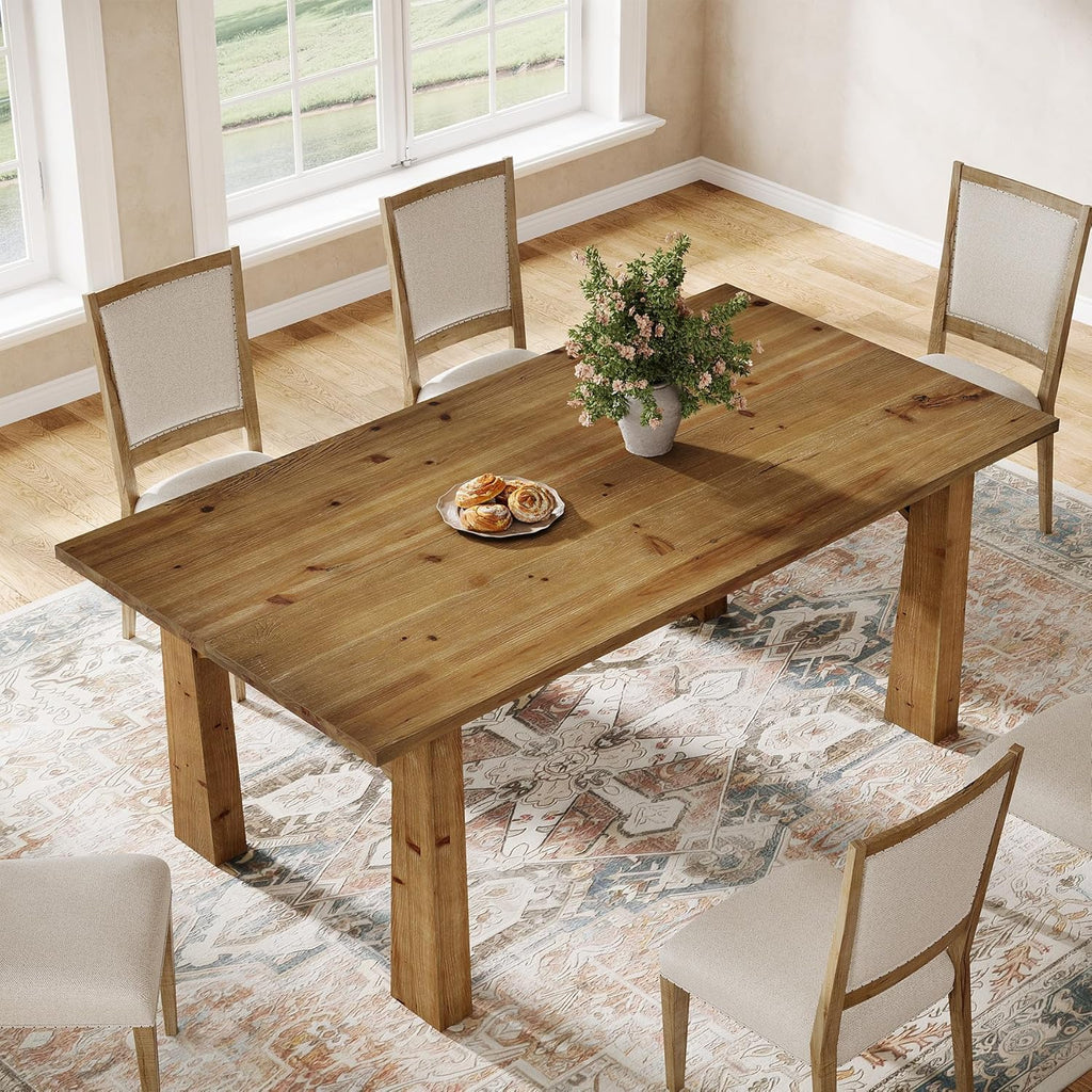 Solid Wood Dining Table for 4-6 People, 63-Inch Farmhouse Kitchen Table with Rich Grain and Texture, Wooden