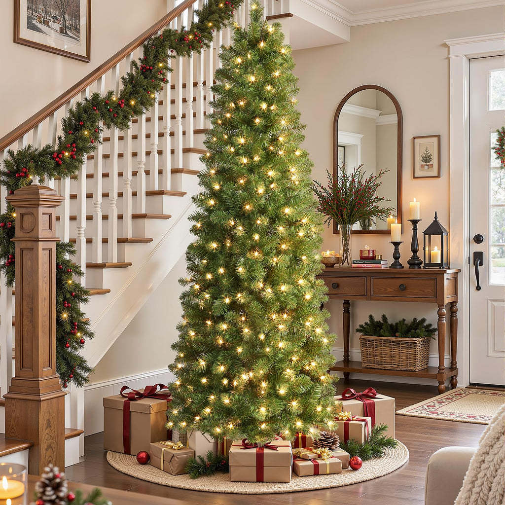 Prelit Artificial Pencil Christmas Tree 9FT & Warm White Lights