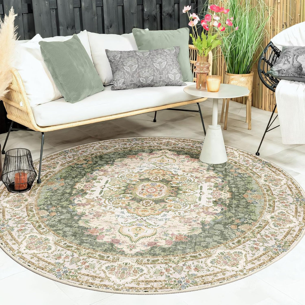 Green Round Rug 6ft,Large Circle Area Rugs for Bedroom Living Room Dining Room,Washable Boho Vintage