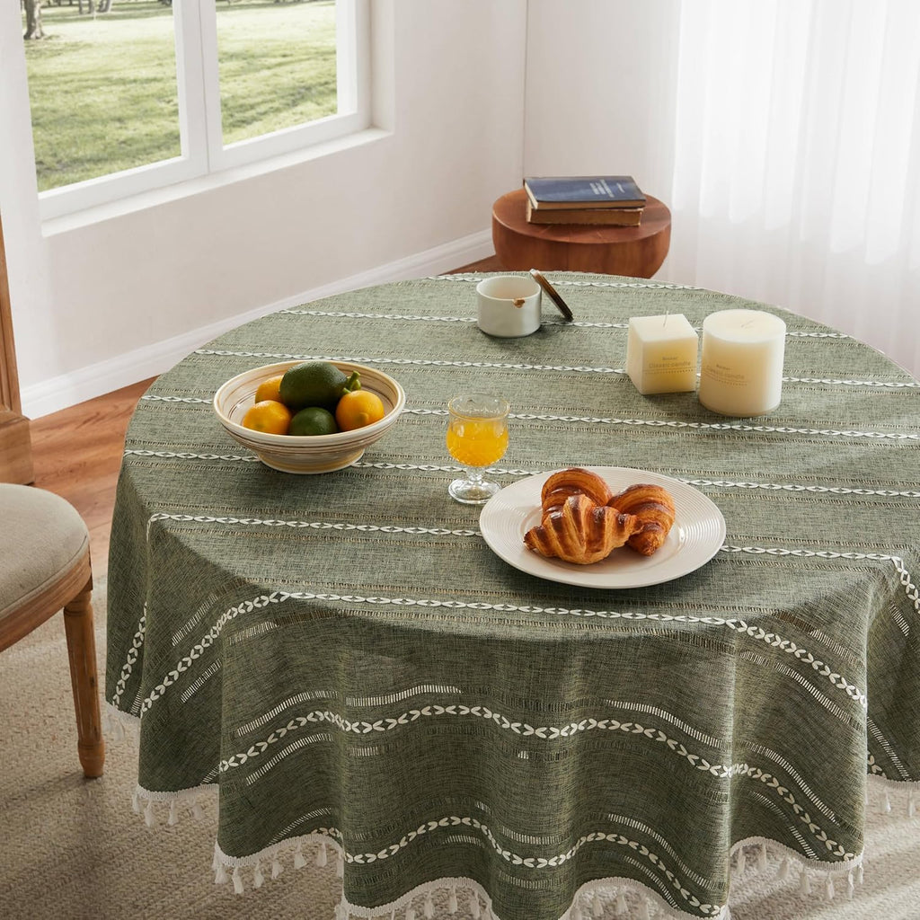 Hemstitched Embroidery Striped Boho Tablecloth 60 Inch Round Olive, Heavy Weight Farmhouse Burlap Li