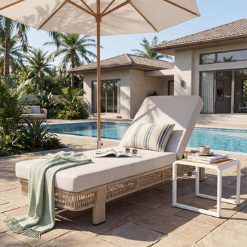Outdoor Chaise Lounge with Water-Resistant Cushion, 400lbs Capacity, Beige | Metal & Rope Frame, Adjustable Backrest