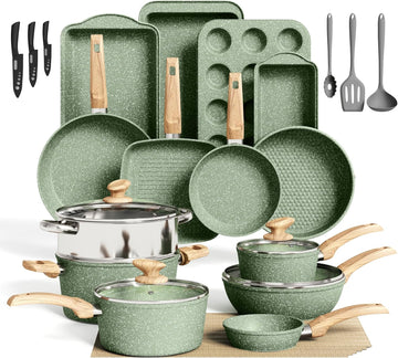 Green Pots and Pans Set Non Stick, 30 Piece Induction Kitchen Cookware Sets for Cooking, Non Toxic Granite Pot and