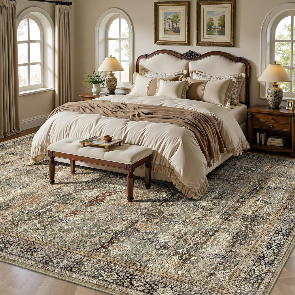 10x14 Area Rugs - Washable Vintage Retro Large Rug, Soft Ultra Thin Non Slip Low Pile Traditional Distressed Boho