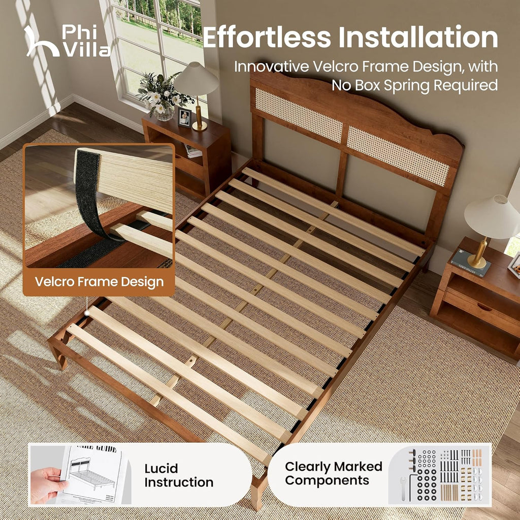 Rattan Queen Bed Frame with Headboard, Natural Solid Wood Bed Frames, Vintage Bedframe, No Box Spring Needed, Brown