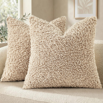 Sherpa Throw Pillow Covers 18x18 Set of 2 Neutral Oatmeal