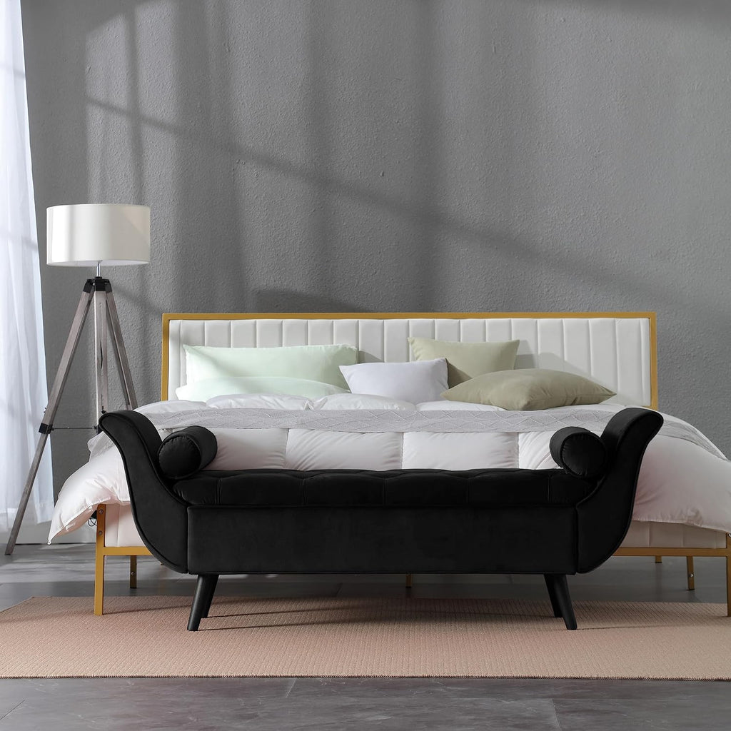 Storage Bench End of Bed, 65" Velvet Upholstered Rolled Armed Button Tufted Stool Bench, Storage Ottoman Long Bench