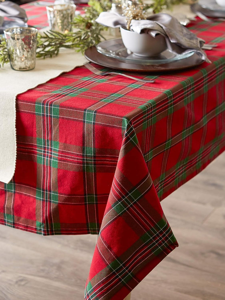 Farmhouse Christmas Plaid Dining Table & Kitchen Décor, Holiday Tablecloth, 70" Round, Red & Green