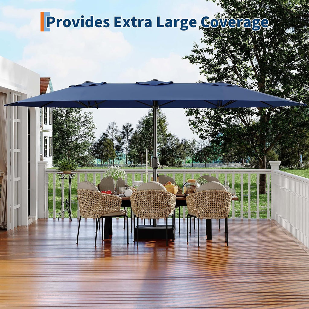 15 ft Rectangular Patio Umbrella with Base Included - Large Patio Umbrella with Crank Handle, UV Protection Pool