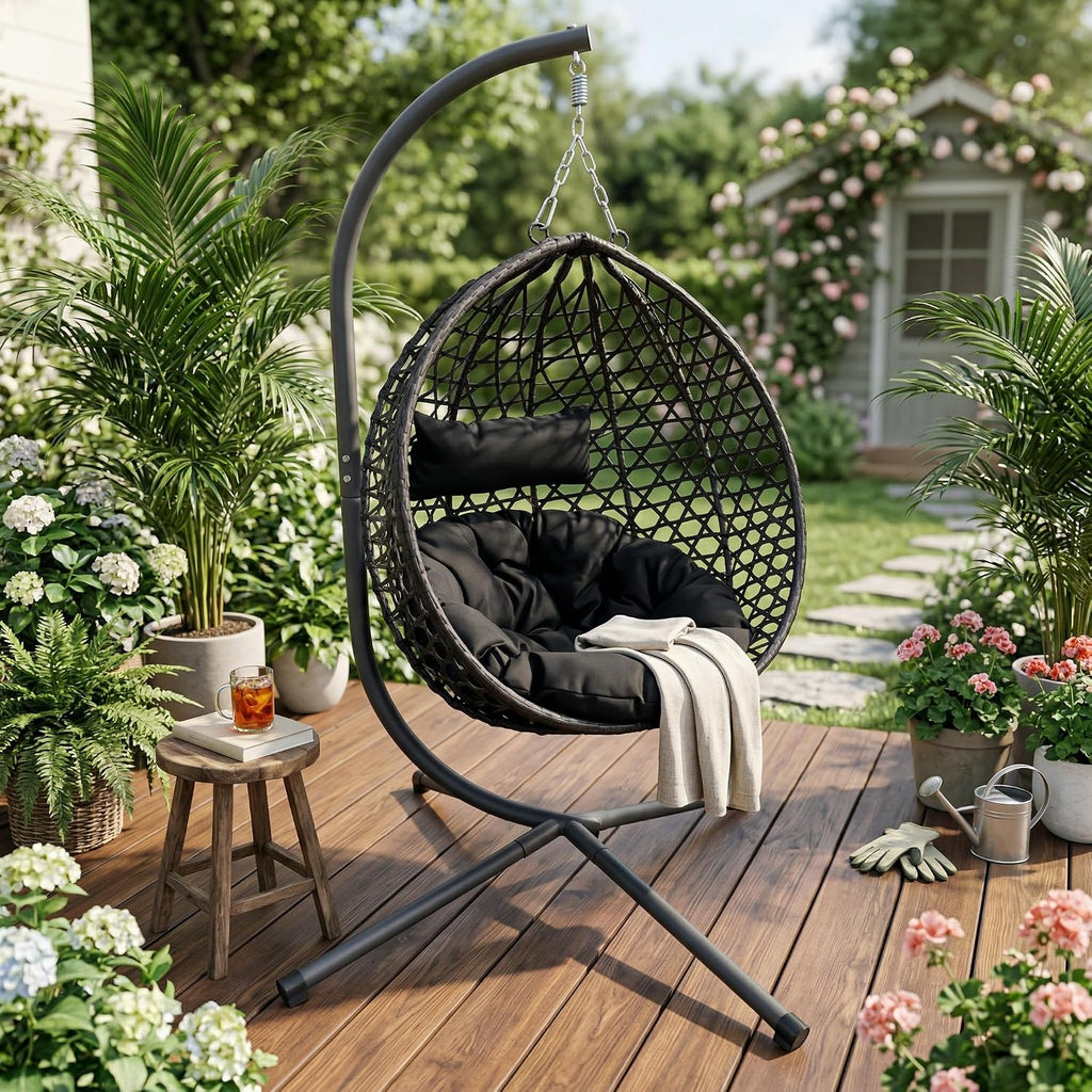 Outdoor Swing Chair, Folding Hanging Egg Chair with Stand Outdoor, PE Rattan Egg Swing Chair with Cushion & Pillow