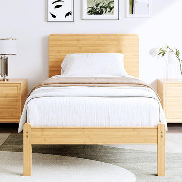 14" Twin XL Bamboo Wood Platform Bed Frame with Headboard, Natural