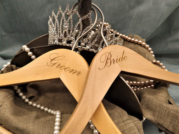 Bridal Hanger Set, Natural Wood Hangers Engraved with (Bride and Groom), 17" (2 piece Set)