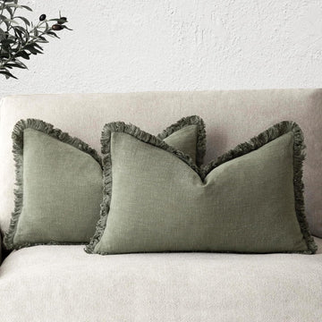 Set of 2 Decorative Linen Fringe Lumbar Throw Pillow Covers Boho Farmhouse Cushion Cover with Tassels Soft Accent
