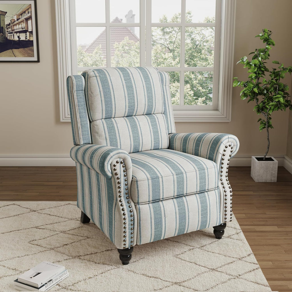Wingback Pushback Recliner Chairs Set of 2, Blue Stripe | Comfy Fabric Armchair with Adjustable Back & Footrest
