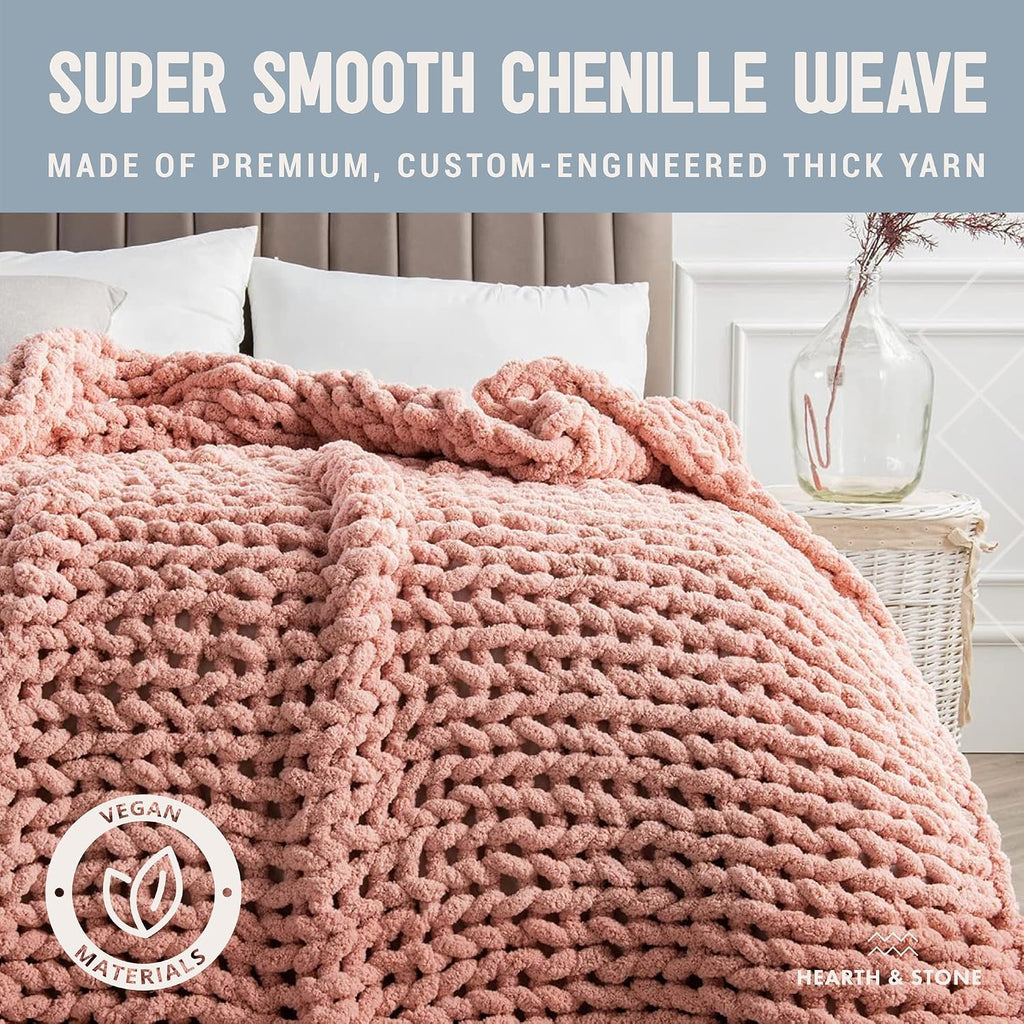 Chunky Knit Blanket Throw - 50"x60" 3.7 lbs.- Soft Chenille Yarn Knitted Blanket -Machine Washable Crochet Blanket