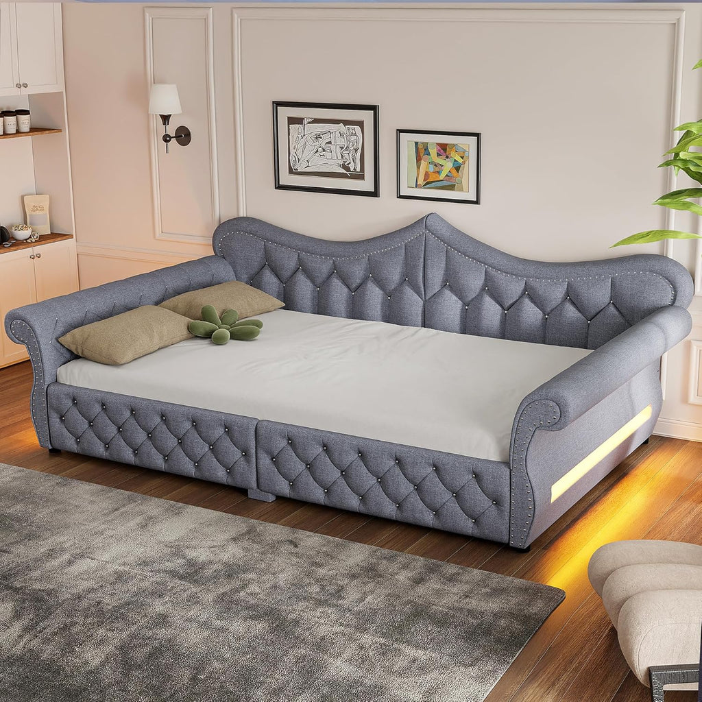Queen Size Upholstered Daybed with LED Lights, Convertible Sofa Bed with Nailhead Trim, Tufted Design, Wooden Frame