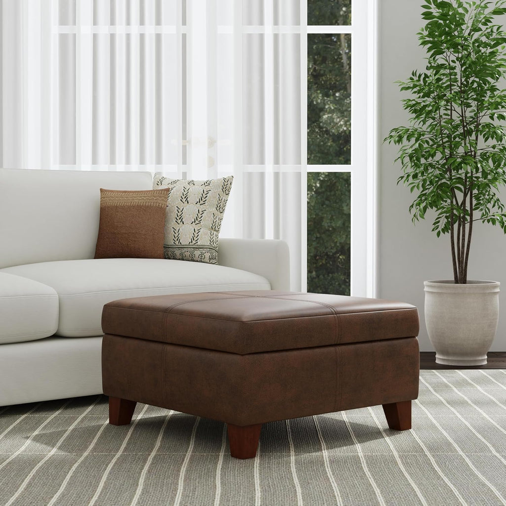 28" Faux Leather Square Storage Ottoman - Brown